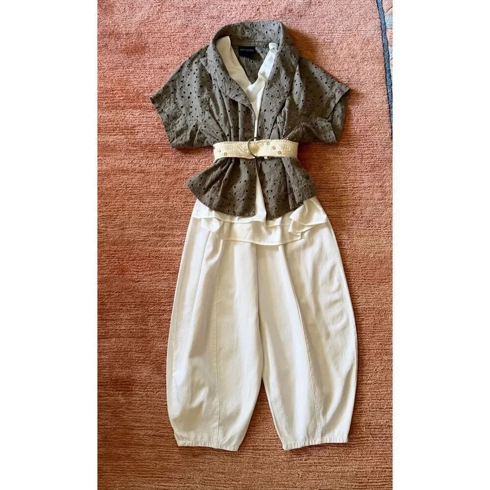 Magaschoni olive green eyelet open front short sleeve cotton cardigan blouse